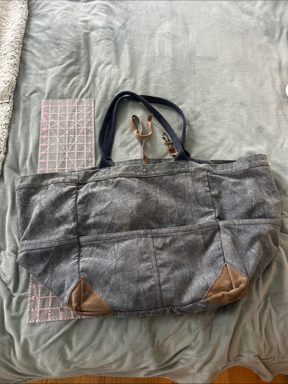 We The Free Fremont denim Tote with Brown Accents- one flaw - missing tie